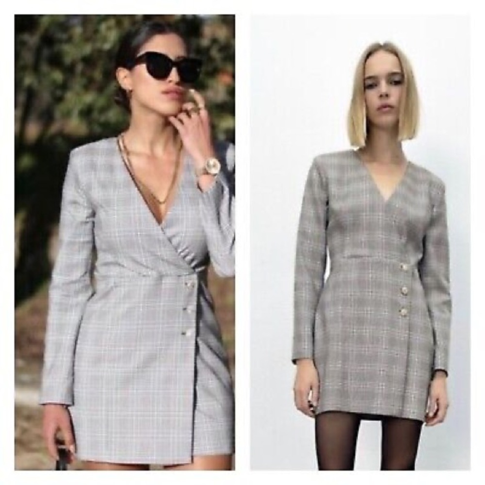 ZARA Plaid Black And White Blazer Dress With Jewel Buttons